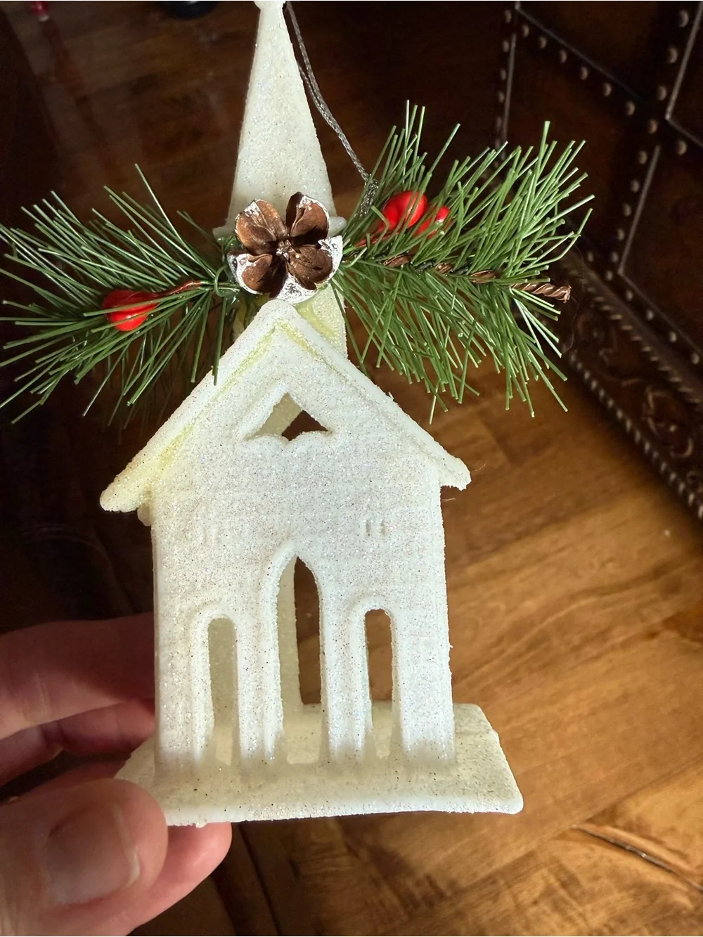 White Church glittery Christmas Ornament with Pine Sprigs 6”